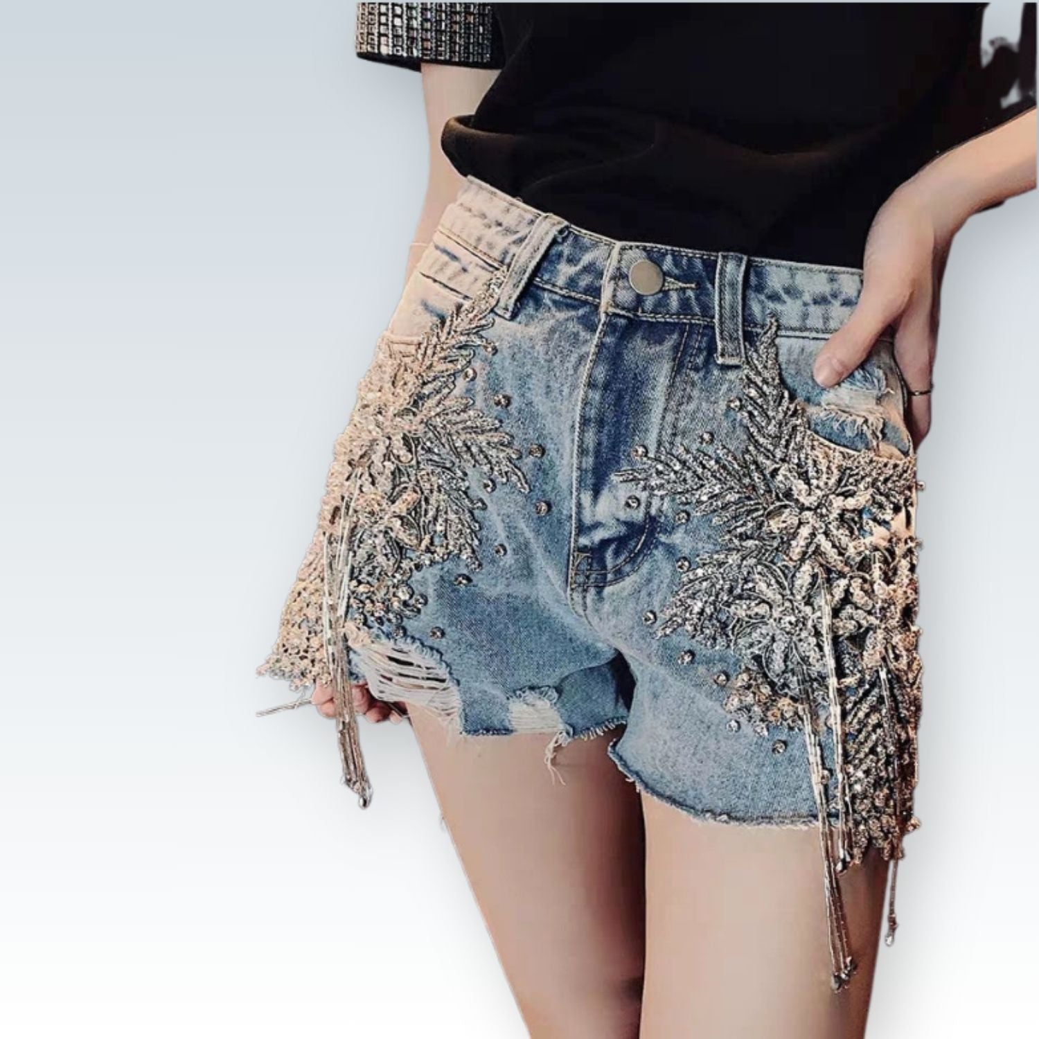 Embellished Diamond Flowers Shorts | Ripped Jean Shorts for Classy & Bold Style