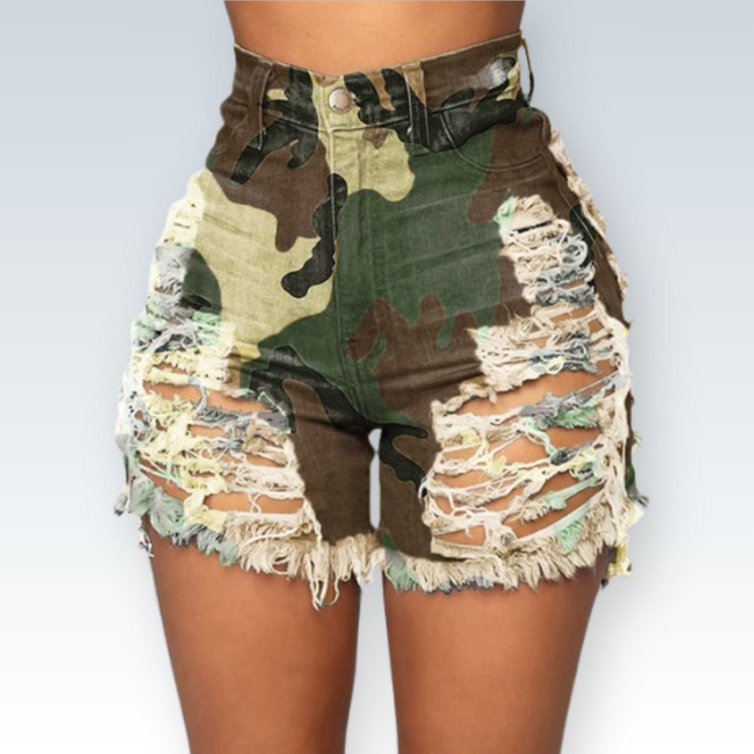 Distressed Camo Shorts | Edgy Ripped Jean Shorts with Frayed Hem