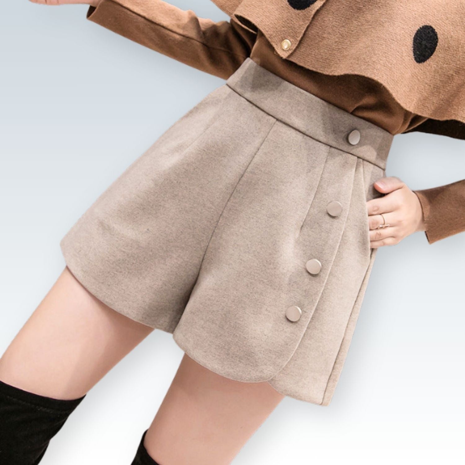 Woolen Shorts with Button Details | High-Waisted Tailored Shorts