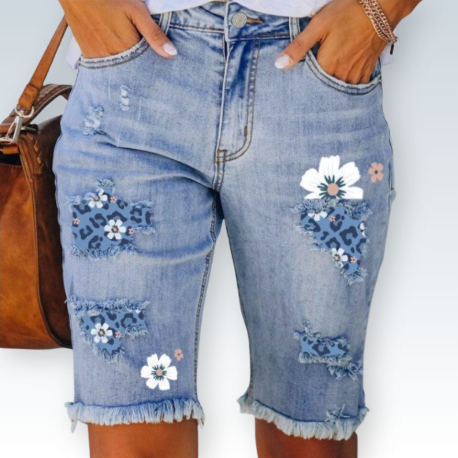 Flower Printed & Ripped Denim Shorts | Stylish Frayed Hem Jorts for Women