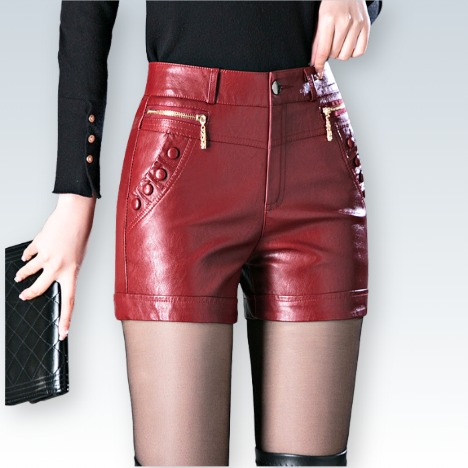 Fashion High-Waist PU Leather Shorts | Zip Detail & Side Embellishments