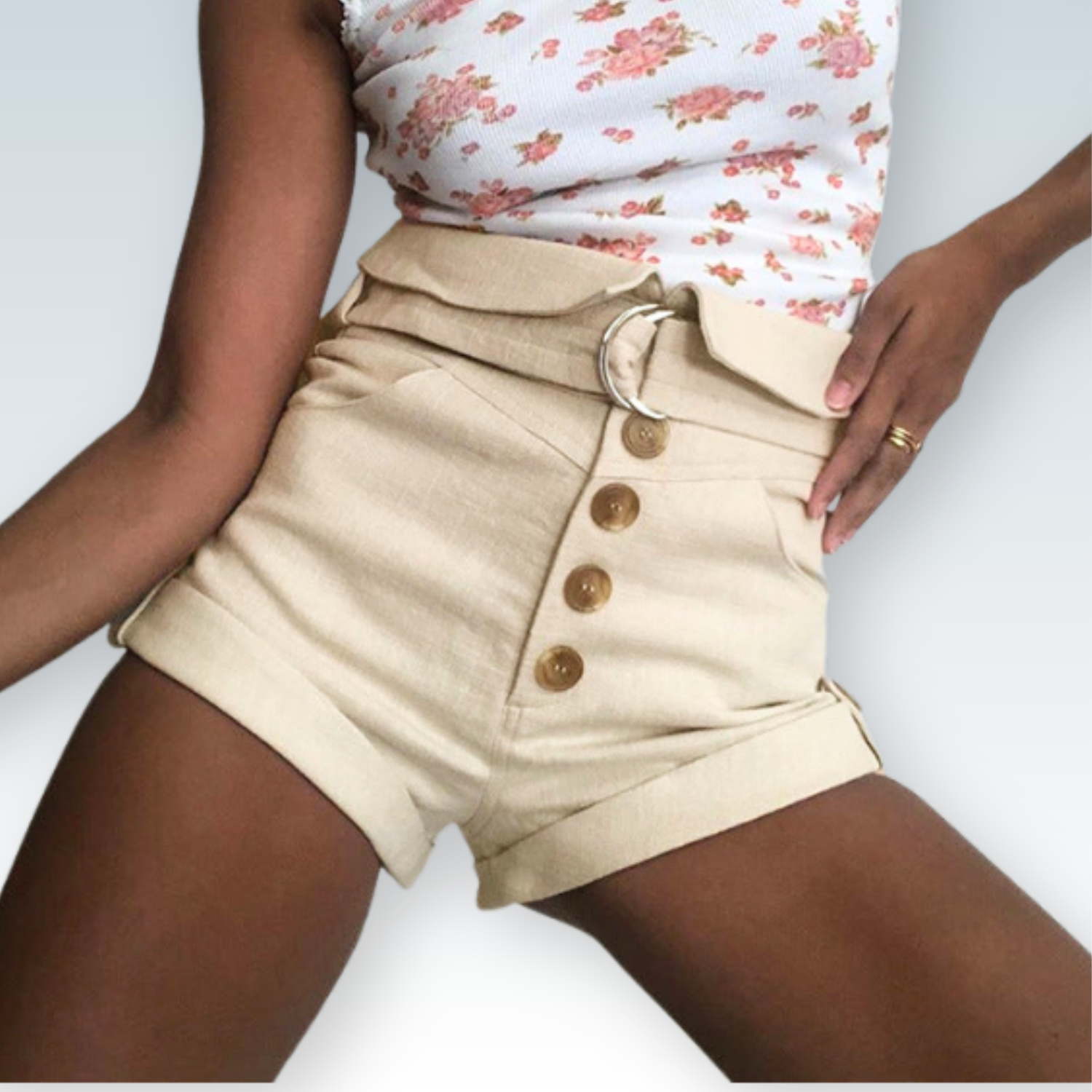 Casual Khaki Belted Button Shorts | Relaxed Fit for Everyday Comfort