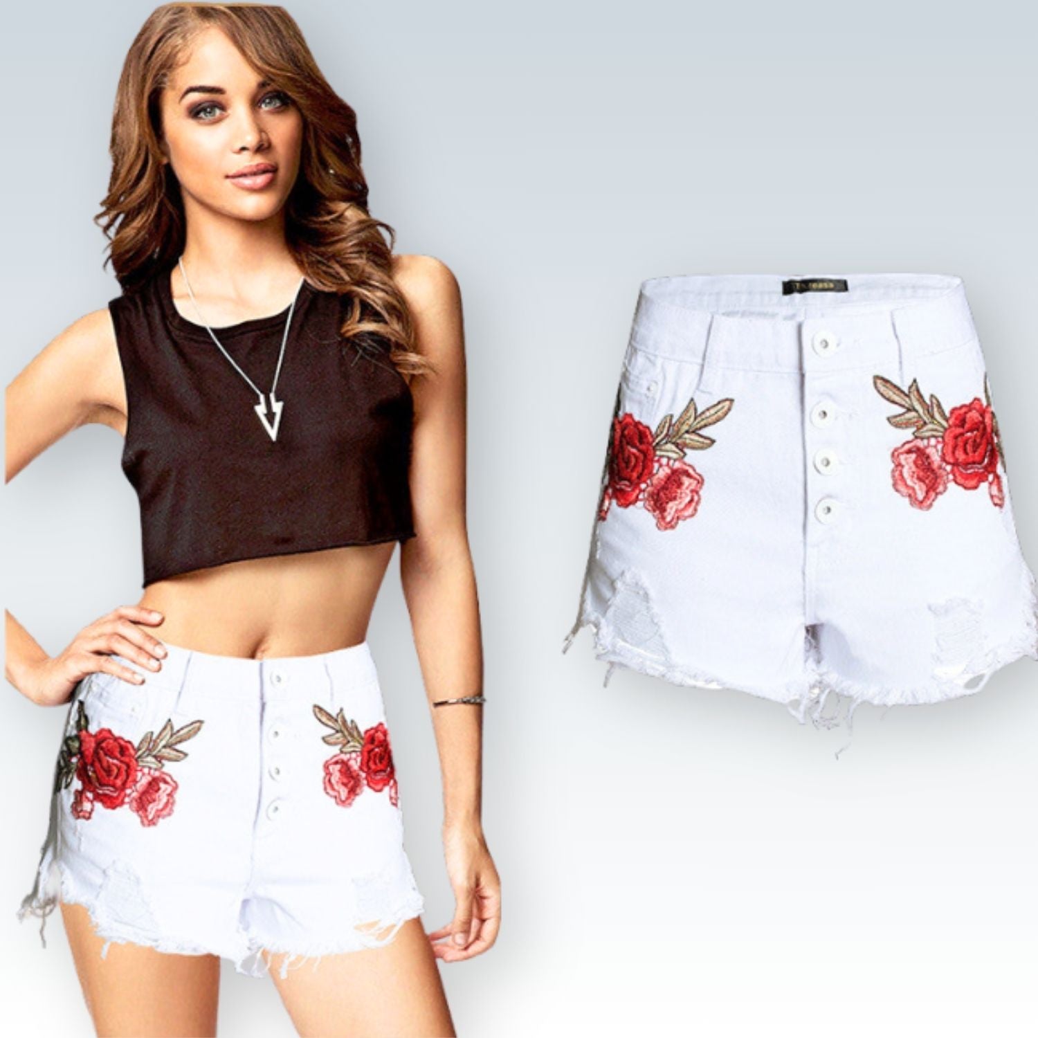 Floral Embroidered Denim Shorts⎥Chic Frayed Hem Jorts for Women