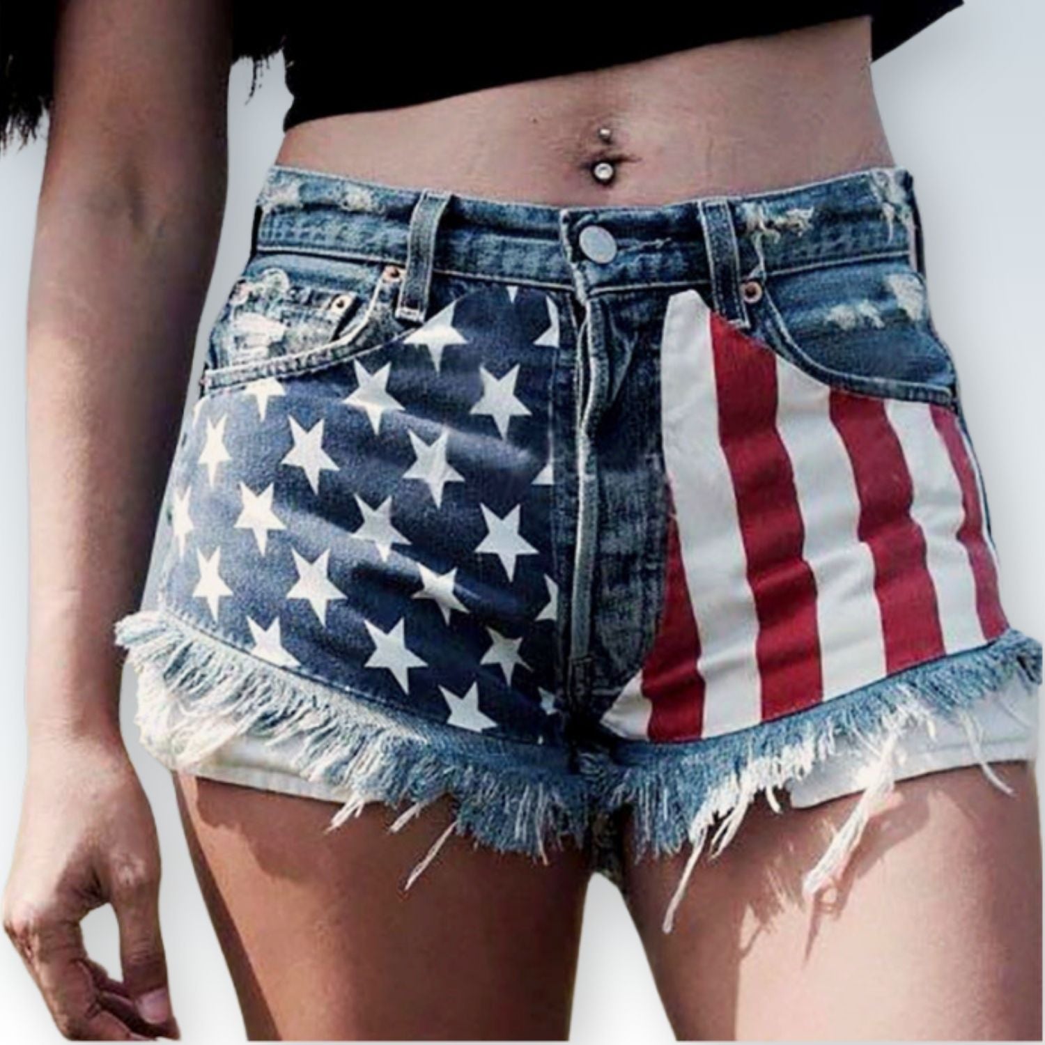 Ripped American Flag Shorts⎥USA Flag Shorts with Fringe Detail