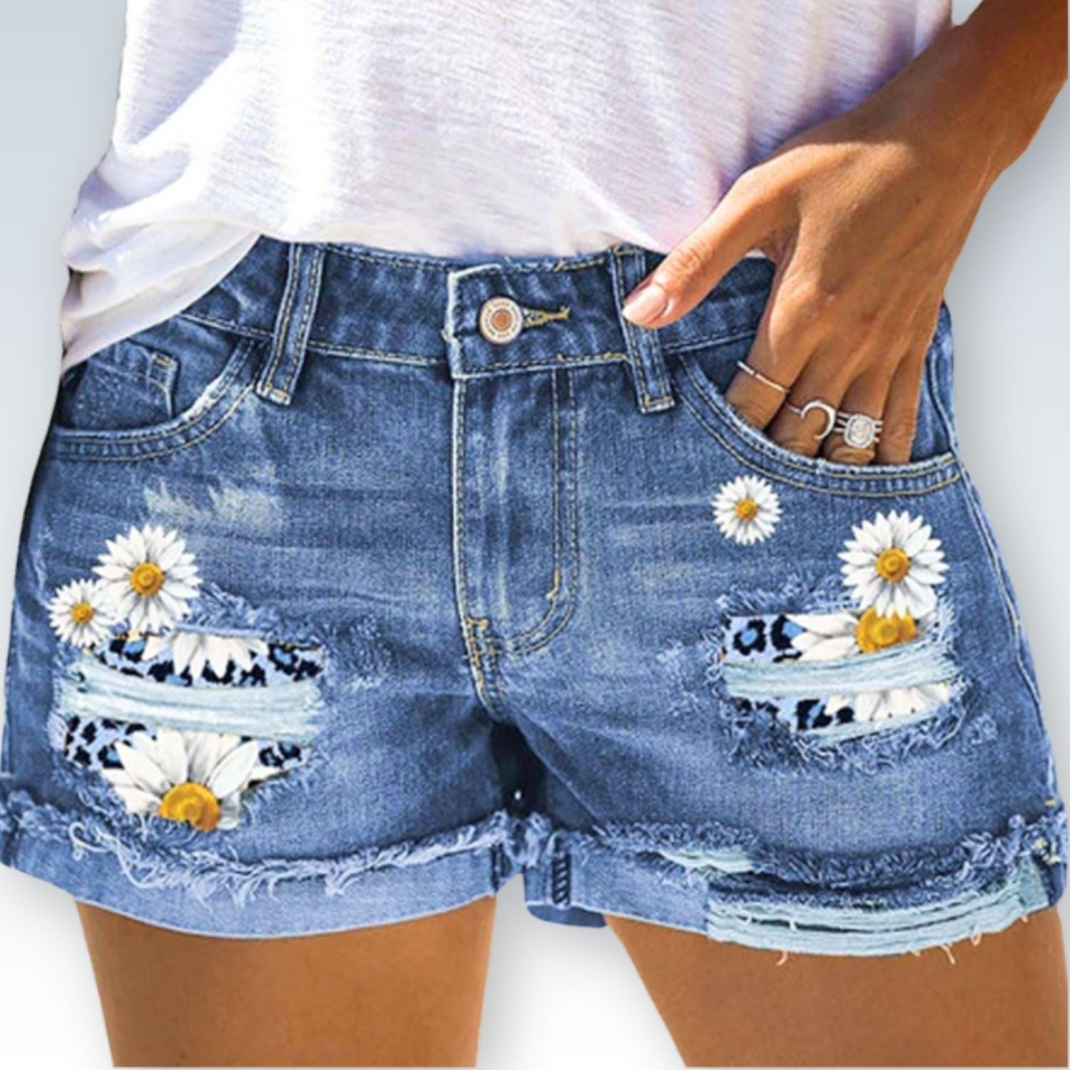 Daisy Adorned Cut Off Jeans Shorts⎥Trendy Flower Accented Distressed Jorts for Women