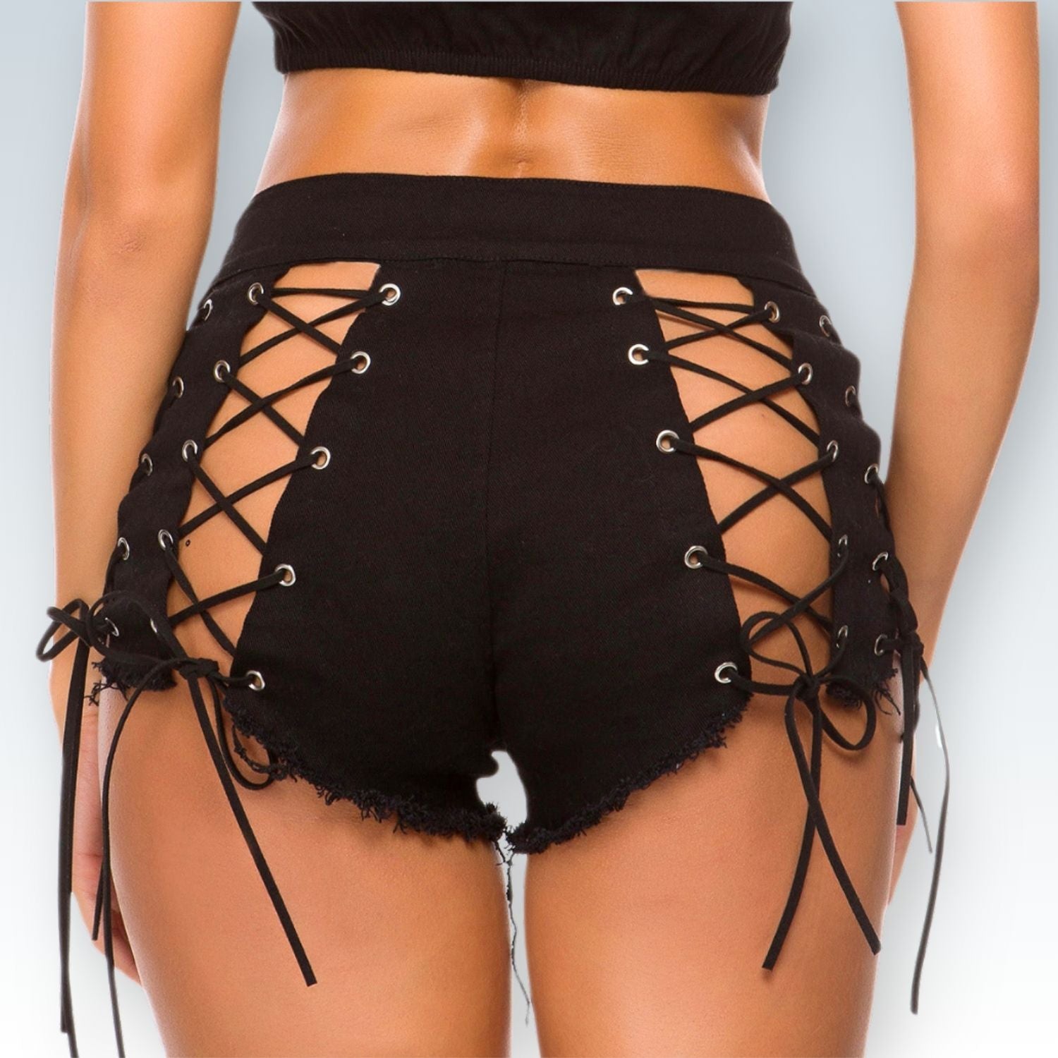 Lace-Up Booty Shorts⎥Black Shorts with Side Ties and Scalloped Hem