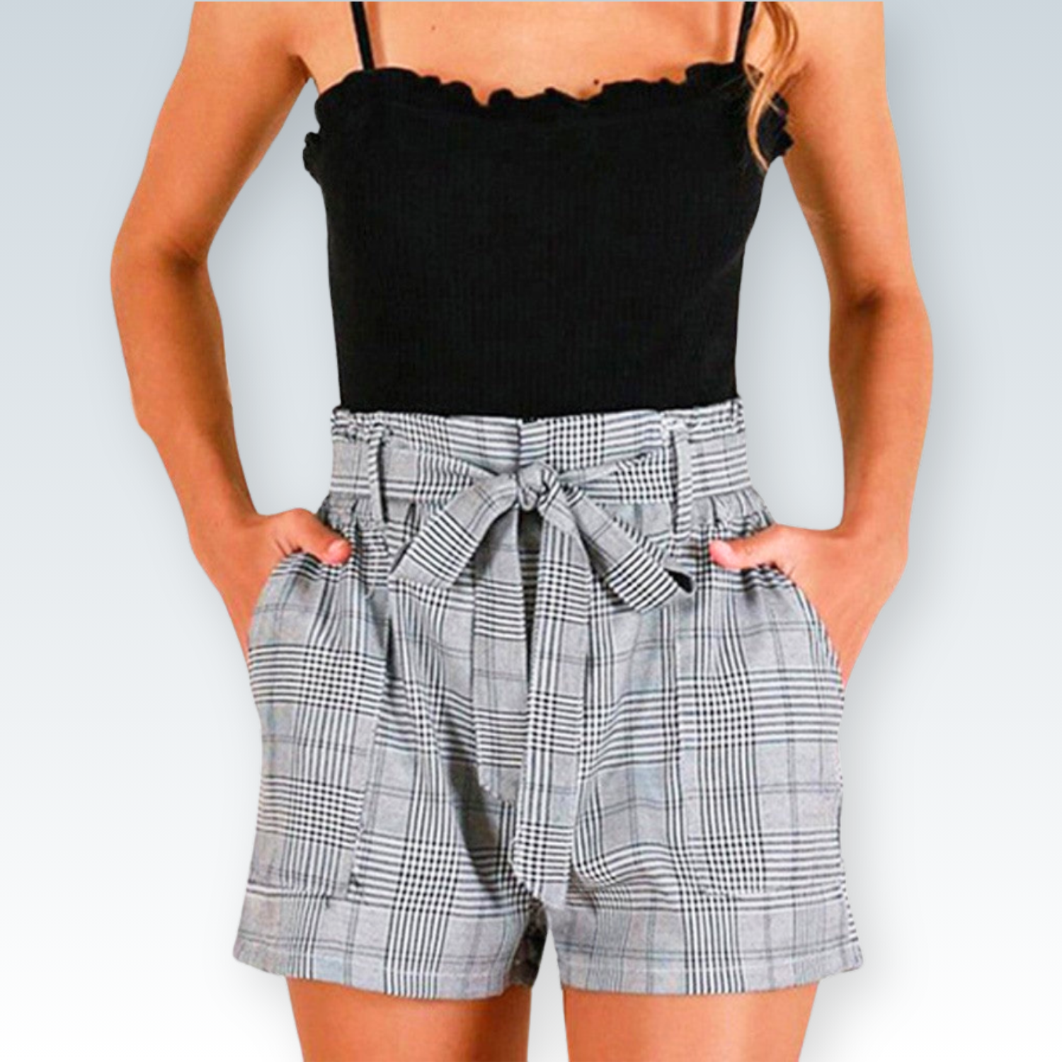 Contemporary Plaid Cotton-Linen Shorts | Relaxed Fit Shorts with Elastic Belt