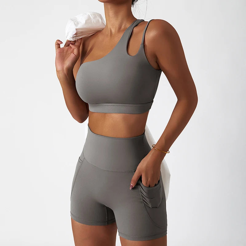 2-Piece Gym Suit Shorts⎥One Shoulder Yoga Set for Women