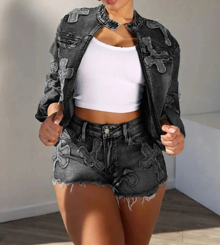 Chic Embroidered Denim⎥Women's Zippered Jacket & Shorts Co-ord Set