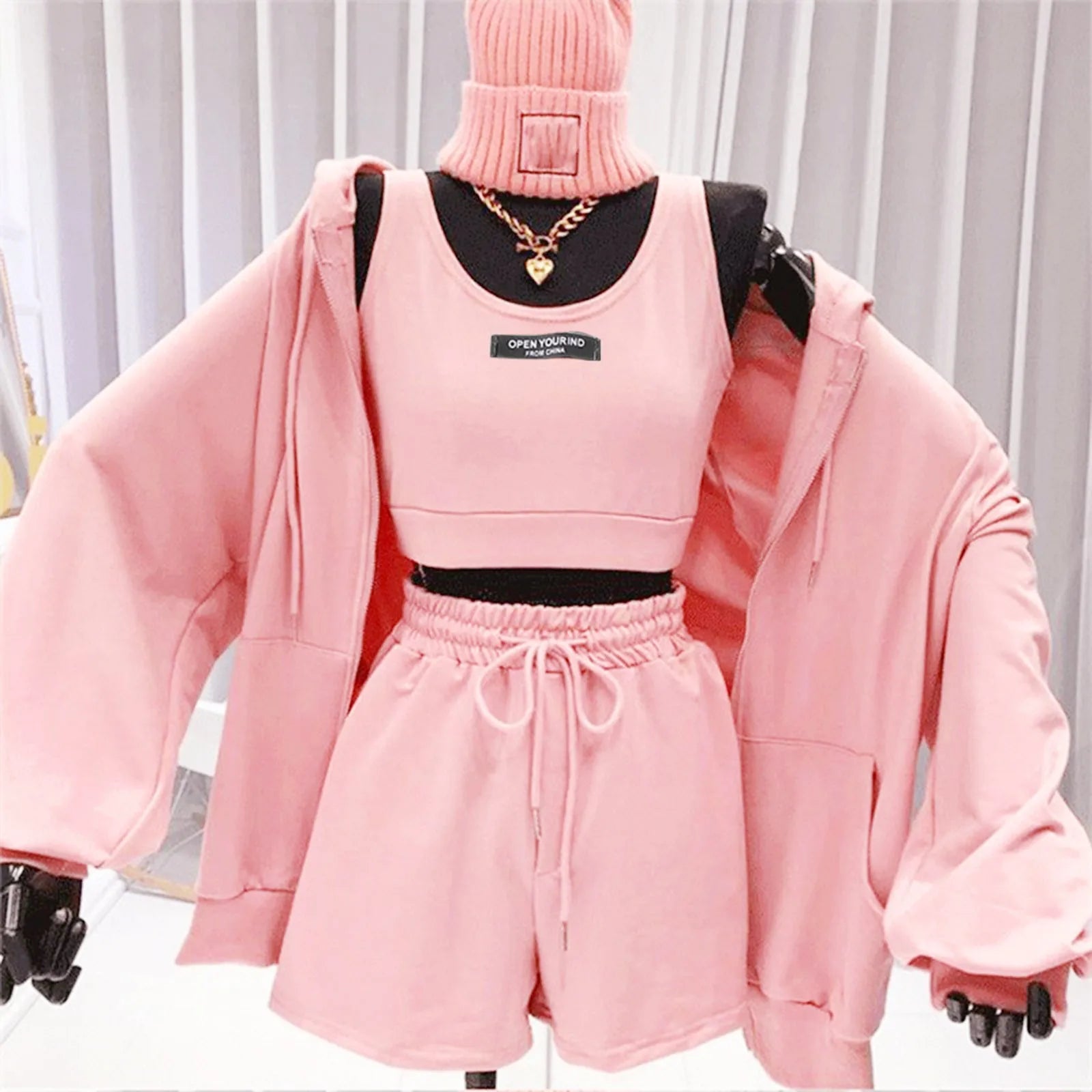 3-Piece Casual Sports Tracksuit for Women⎥Shorts, Camisole & Hoodie Set for Streetwear