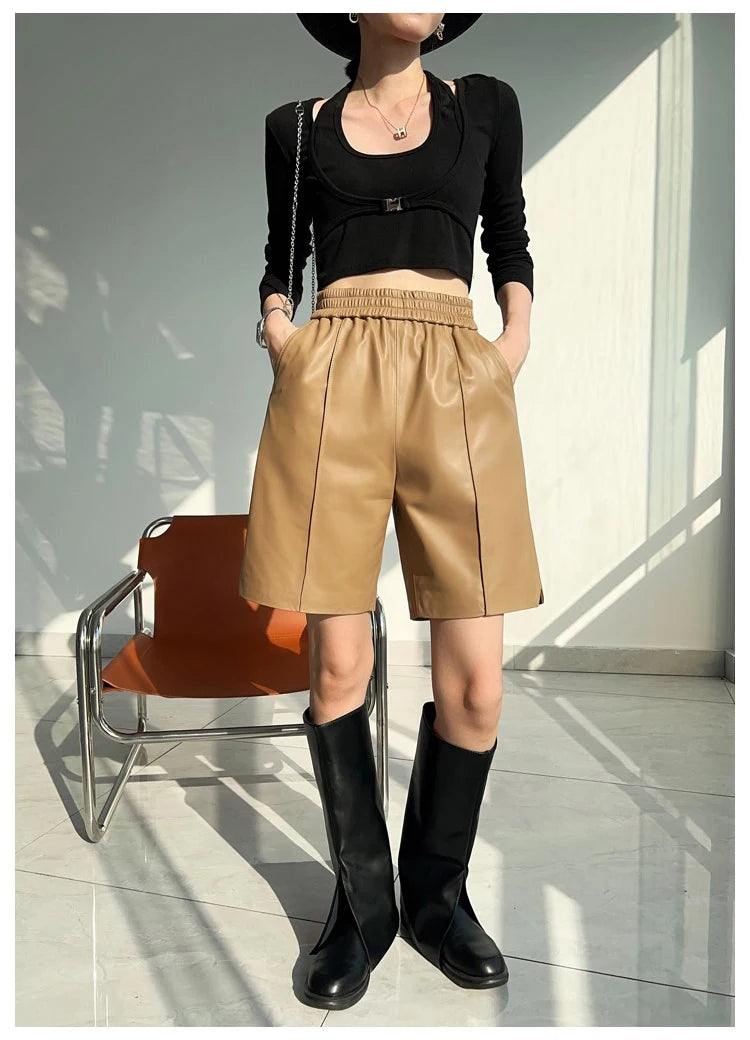 Authentic Leather Bermuda for Women ⎥ Wide Leg & Pockets Shorts.