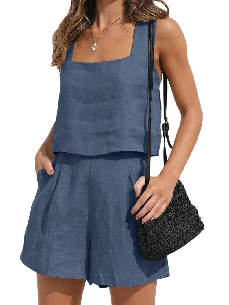 Breezy Linen Two-Piece Set⎥Sleeveless Top and Shorts Combo for Effortless Summer Style.