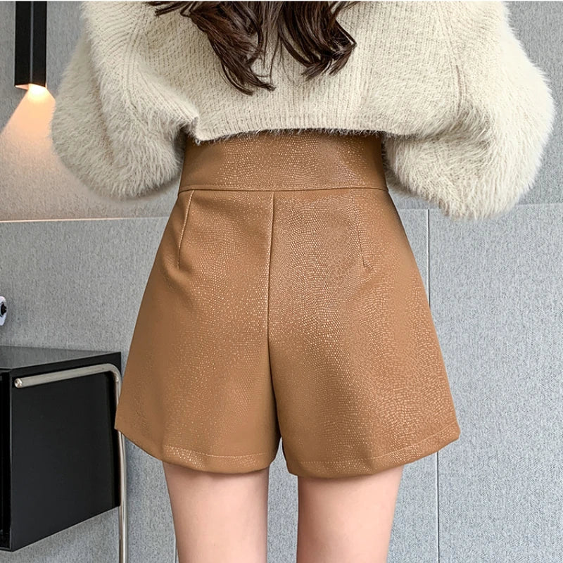 Shiny PU Leather Shorts for Women | High-Waist  Shorts with Front Zipper Detail