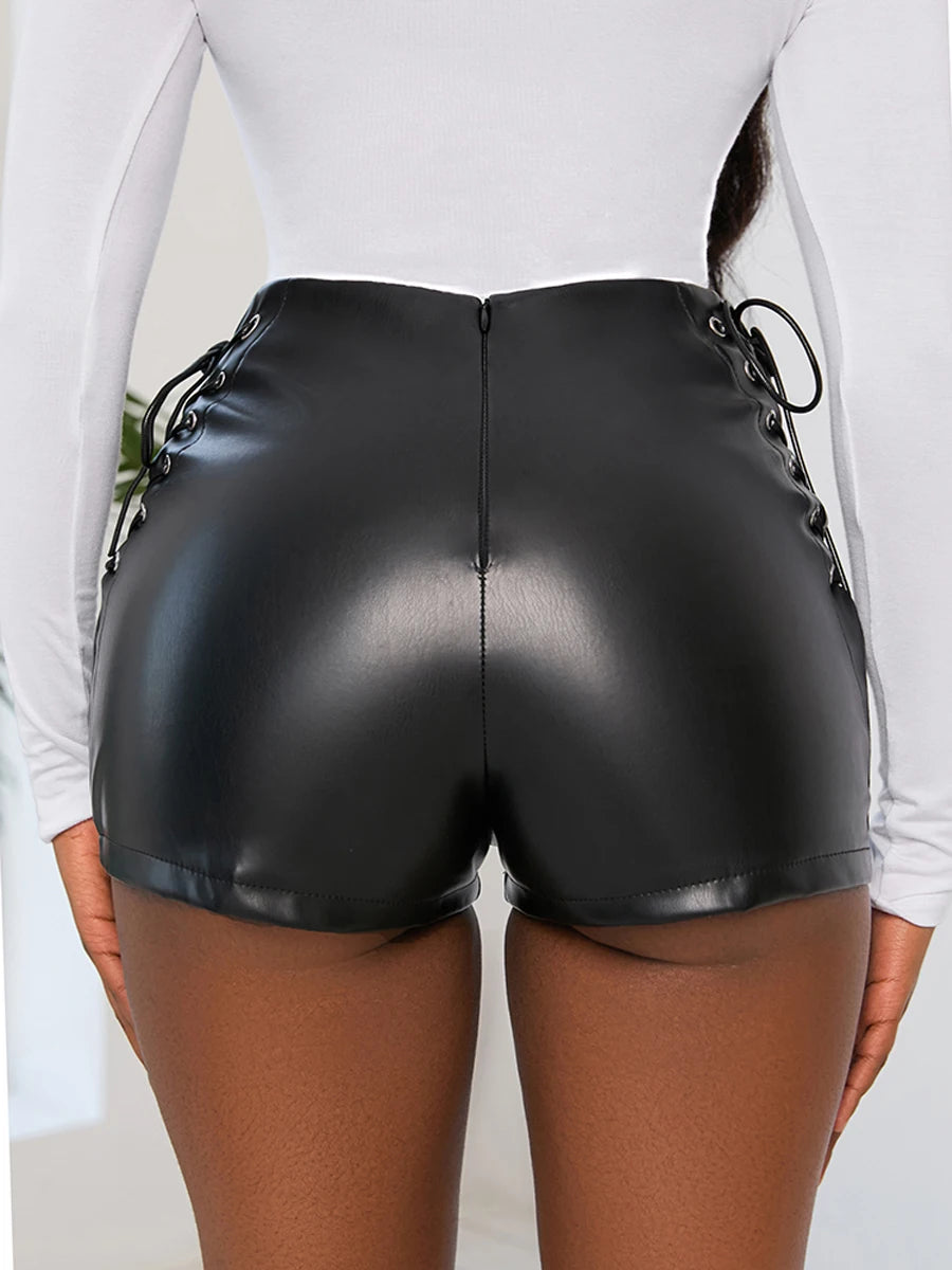 Lace-Up Black Faux Leather Shorts⎥Tight High-Waist Pants for Women