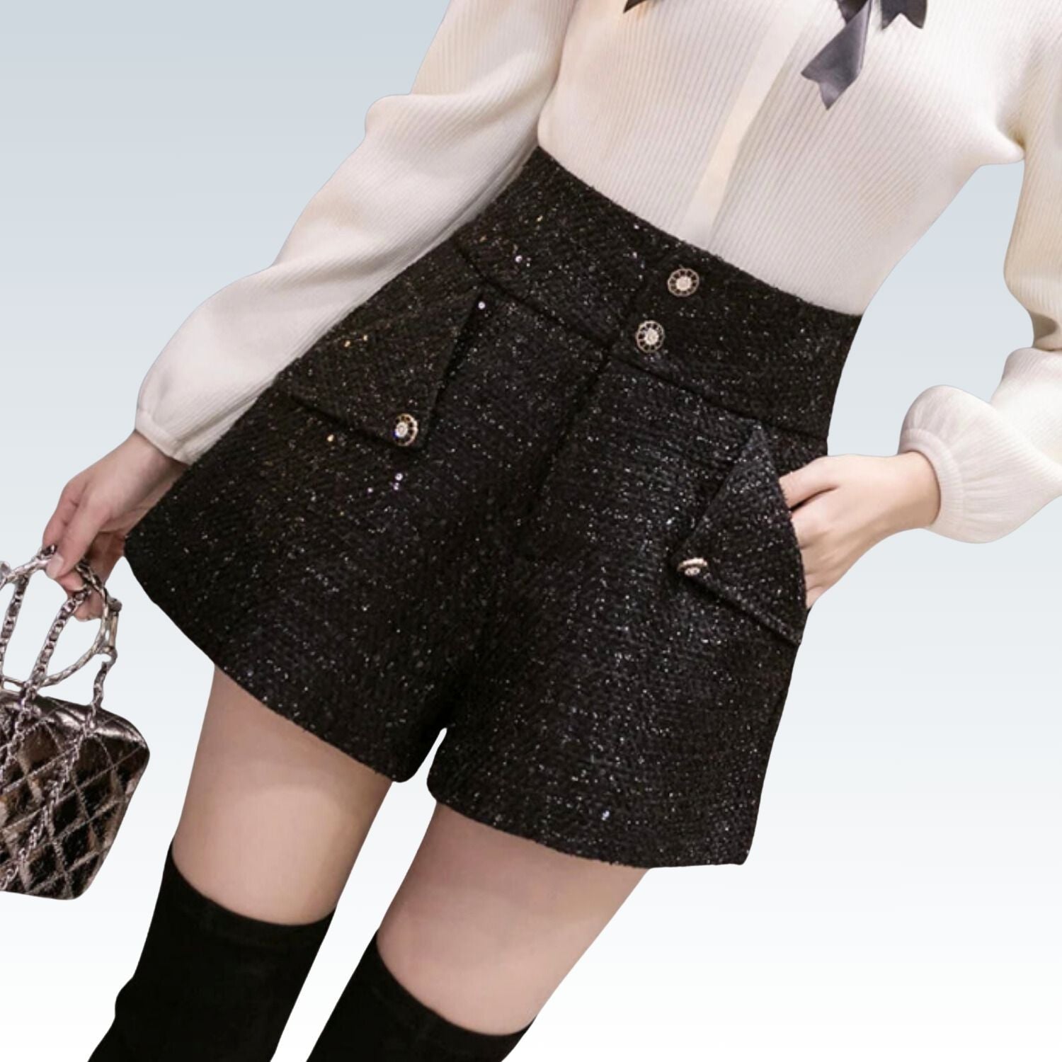 Sequin Tweed Woolen Shorts for Women⎥High Waist Fashion with Pockets & Wide Leg