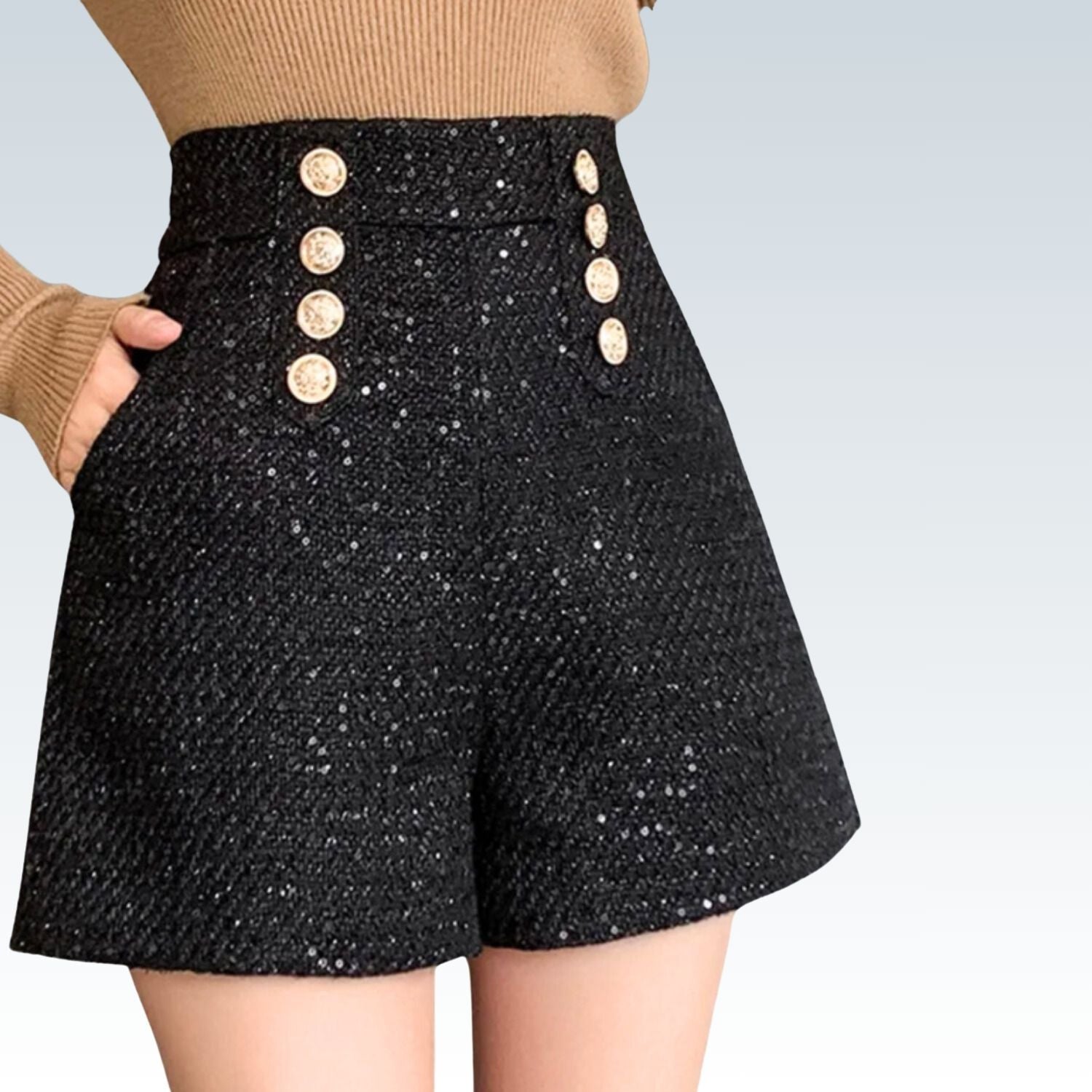 Double-Breasted Sequin Woolen Shorts ⎥ Women's Wide-Leg Comfort Fit