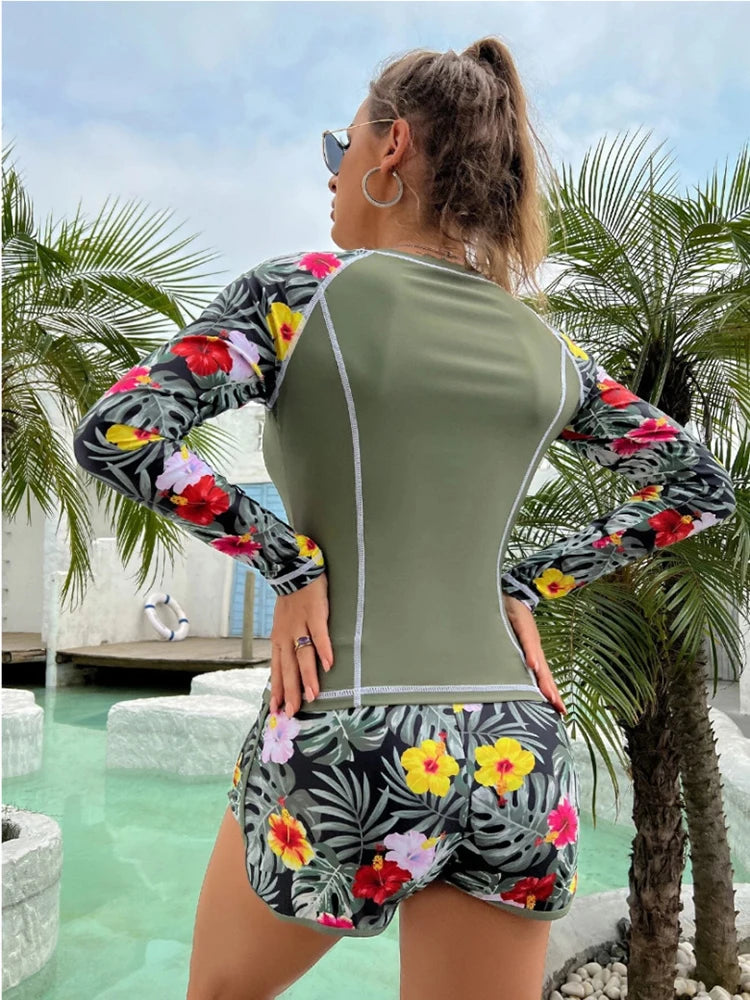 Tropical Print Tankini with Long Sleeve & Swim Shorts⎥Summer Beachwear Set for Women