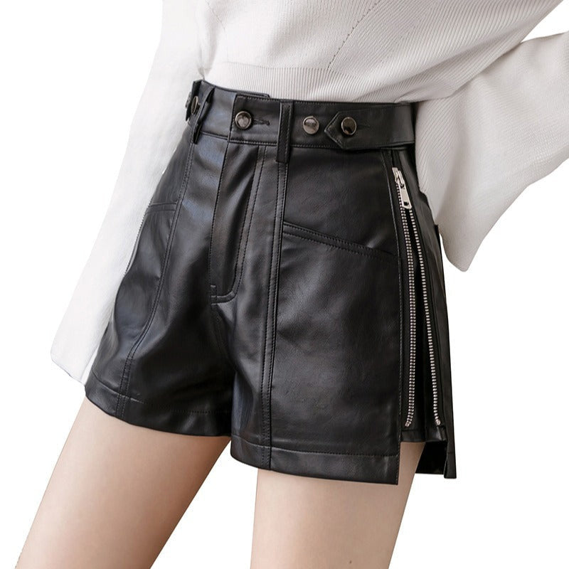 Black PU Leather Shorts⎥High-Waist Zipper Shorts for Women