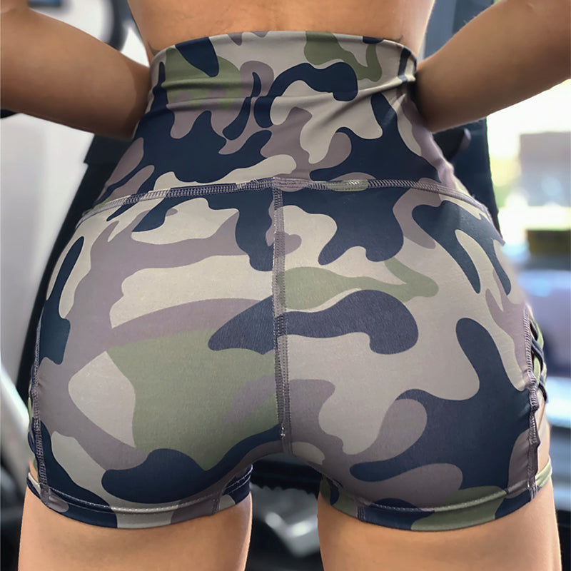 Strappy Side Cut-Out Camouflage Shorts | High-Waisted Athleisure Wear for Women